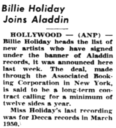Heypally's 78 RPMs: Billie Holiday (Lady Day) With Tiny Grimes' Sextet -  Aladdin 3102 (1951)